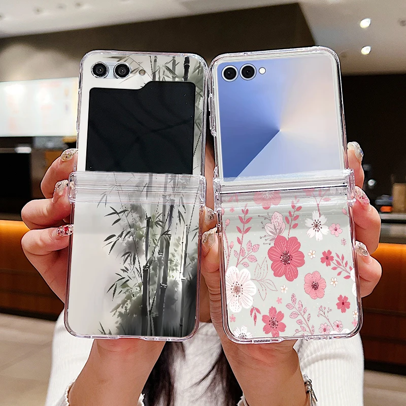 Colorful Flower Patterned Phone Case For Samsung Galaxy Z Flip 8 7 FE 6 5 4 3 5G Z Flip7 Flip8 Flip6 Folding Hard PC Clear Cover