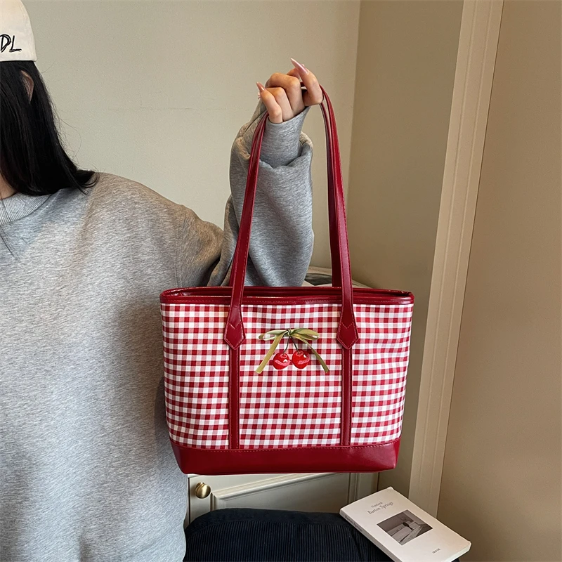 

2026 Spring/summer Large-capacity Plaid Tote Bag New Bow Design Retro Shopper Shopping Shoulder Bag Purses and Handbags