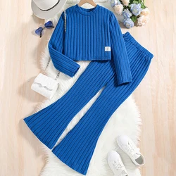 Spring Autumn Girls Clothing Set Solid Color Pit Strip Long Sleeve Sweatshirt+Wide Leg Pants 2Pcs For 8-12Y Teenagers Girls Suit