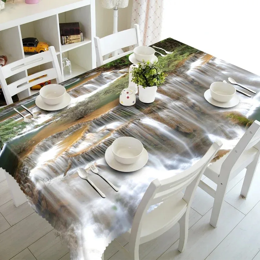 

Nature Landscape Tablecloth Waterproof Polyester Table Cover Forest Waterfall Print For Dining Room Living Room Decor