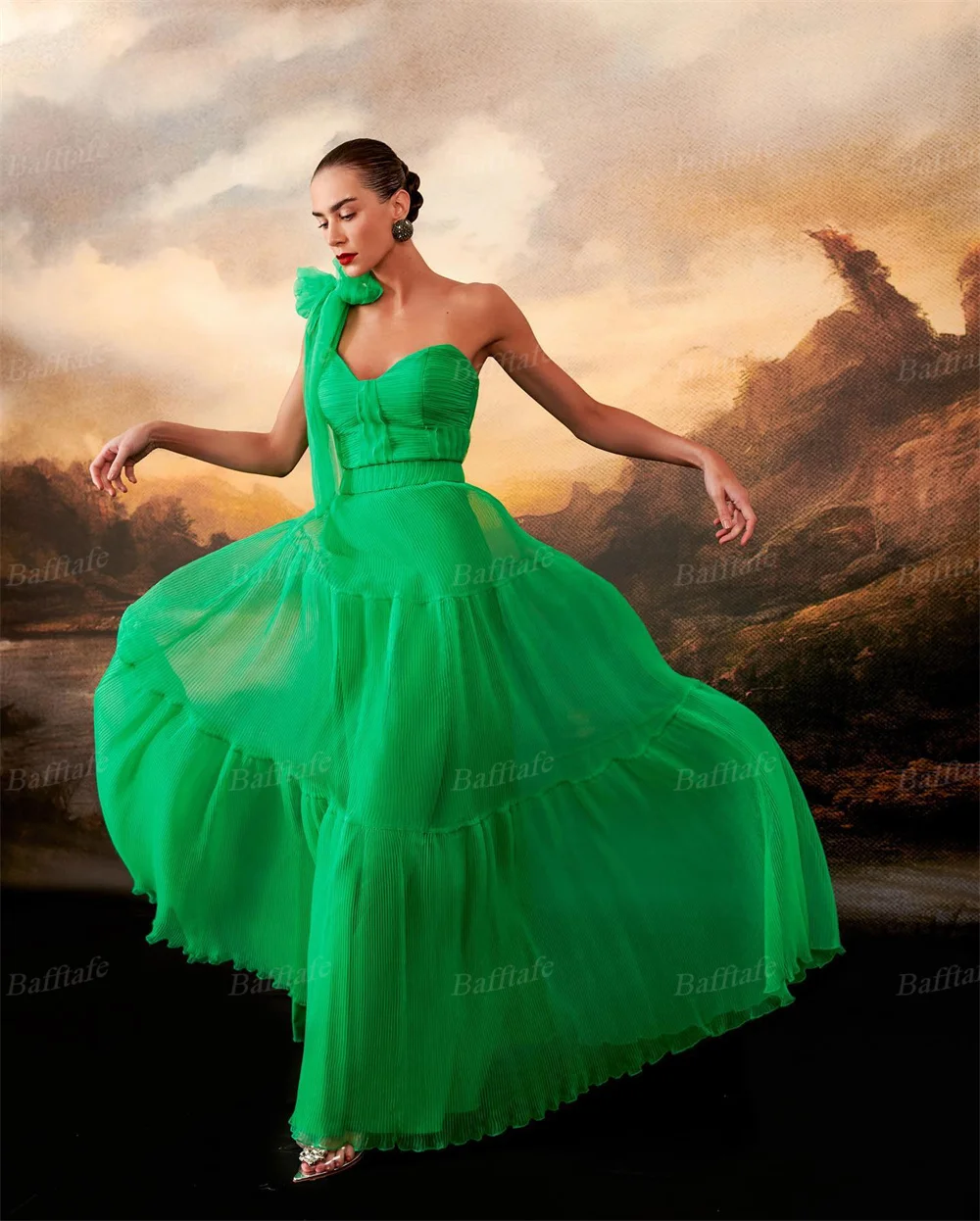 Bafftafe Green A Line Tulle Prom Dresses For Women Flower One Shoulder Tiered Customized Long Formal Evening Gowns Wedding Party