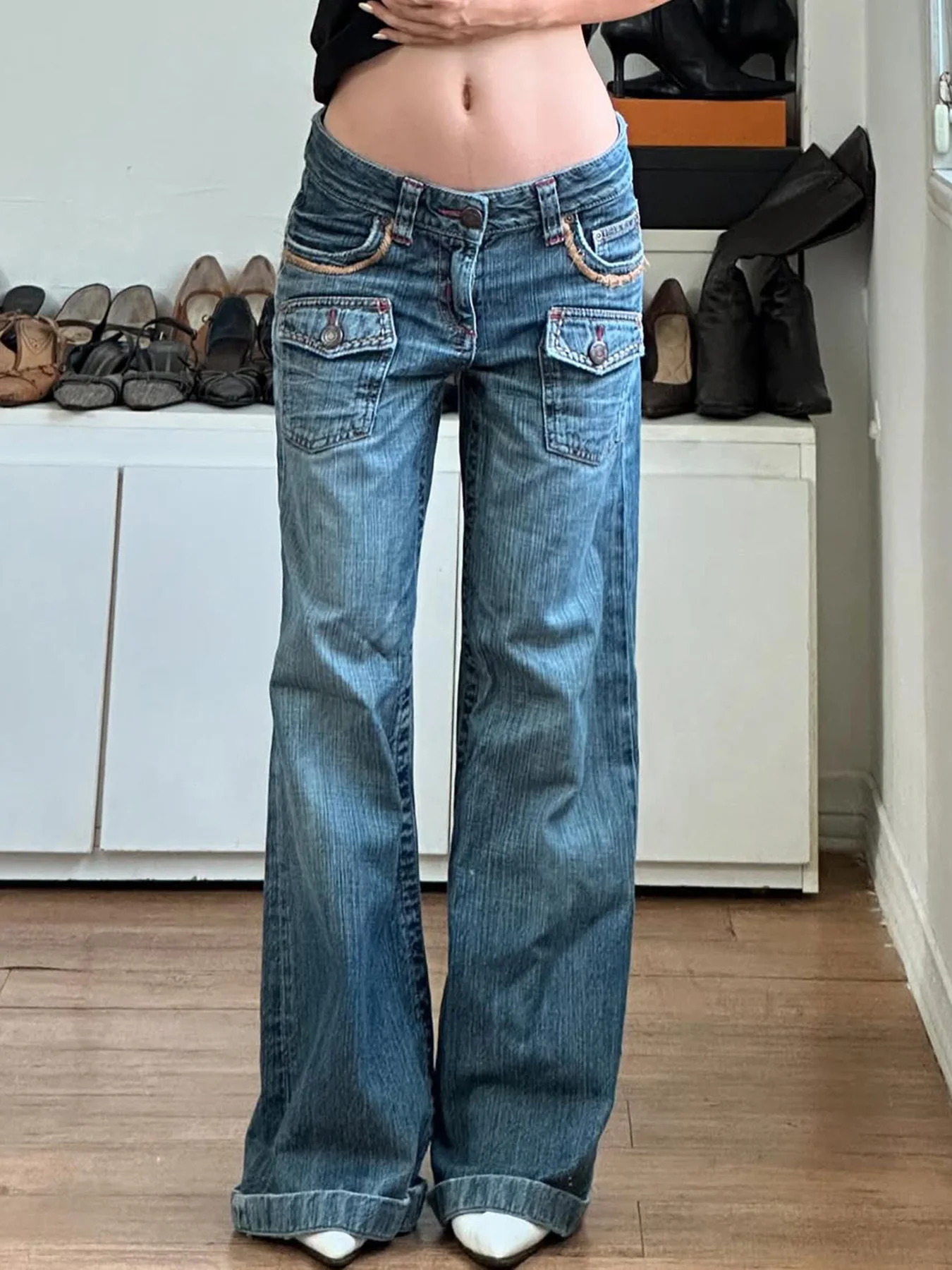

Weekeep Vintage Low Rise Flared Jeans 2000s Aesthetic Pockets Stitching Slim-fitting Denim Cargo Pants Women Streetwear y2k Jean