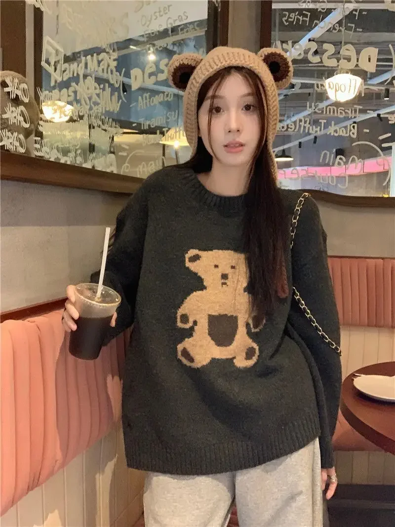 

O Neck Pullovers Sweaters Bear Jacquard Korean Women Y2k High Street Sueter Mujer Christmas Style Sweet Kawaii Cartoon Knitted