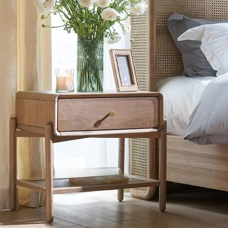 

Modern bedside table, bedroom furniture solid wood simple rattan bedside table