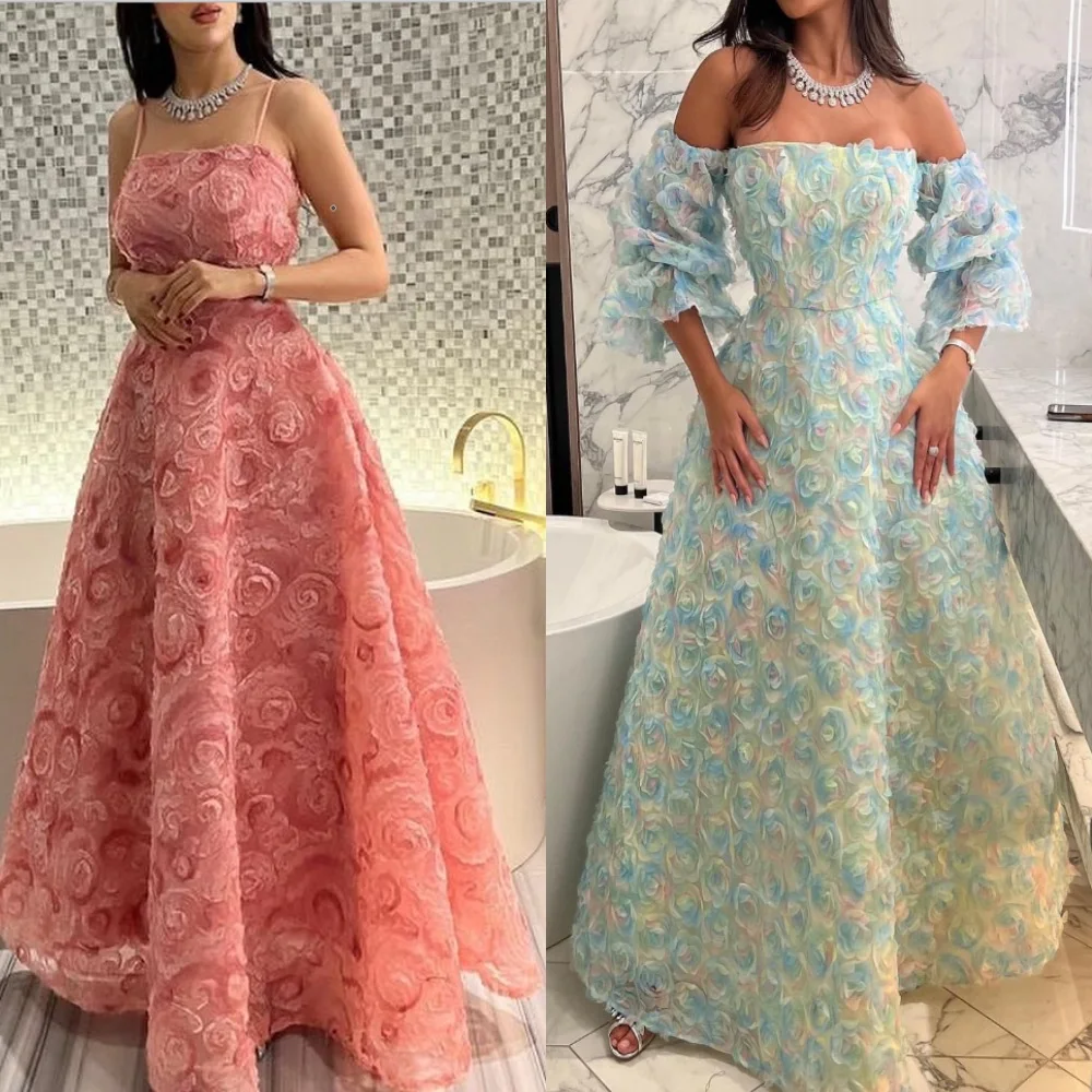 

Women 3D Rose Flowers Fashion Spaghetti strap A-line Formal Occasion Gown vestido terracota longo madrinha