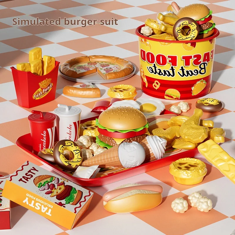 Kids Pretend Play Kitchen Realistic Burger Fries Family Bucket Meal Set Educational Model Toys for Boys Girls