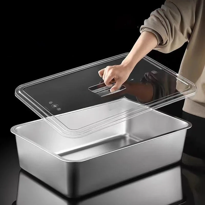 304 stainless steel plate basin with transparent Acrylic cover rectangular oven baking pot dish deep bbq cafeteria Storage trays