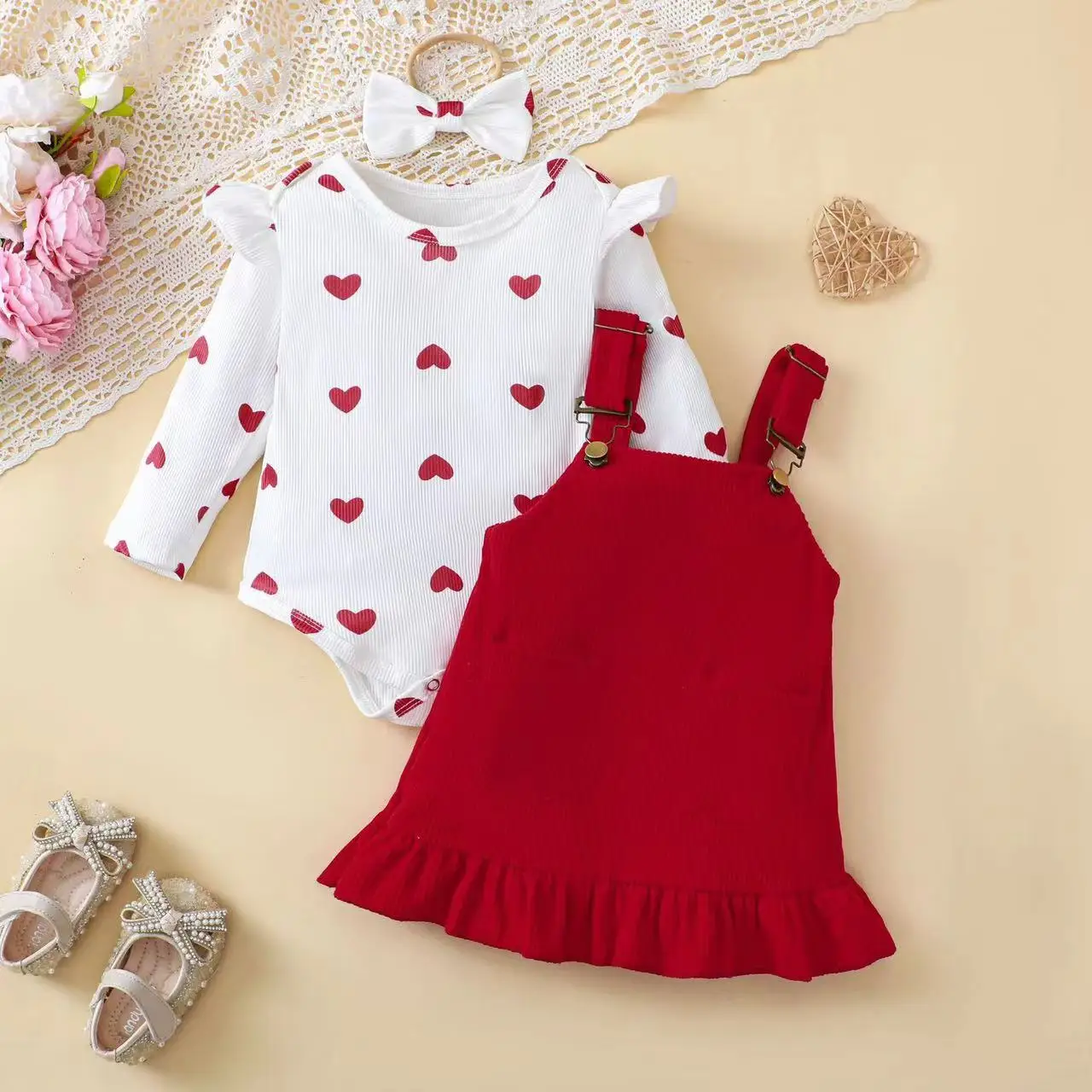 Infant and young girls cute summer set love print fly sleeve pajamas + halter dress + headband three-piece set