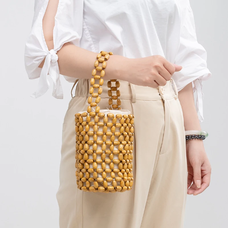 Simple Design Handmade Woven Women Bag Fashion Bucket Bag High-quality Wooden Bead Women Handbag