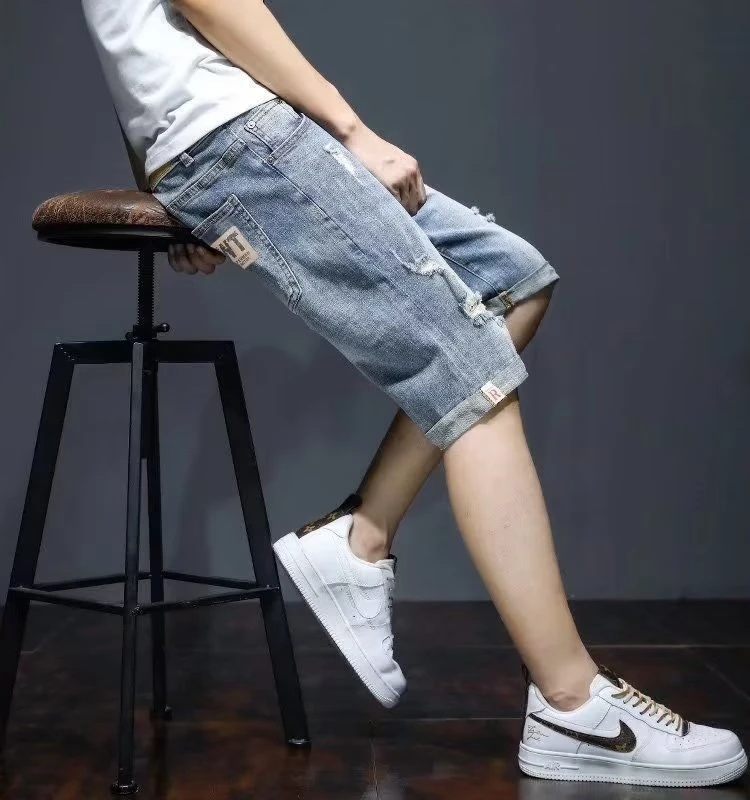 

Men's Slim Fit Five-Quarter Denim orts Summer Thin Casual Ripped mid Waist Zipper Youth Trendy Blue Jeans ort Pants