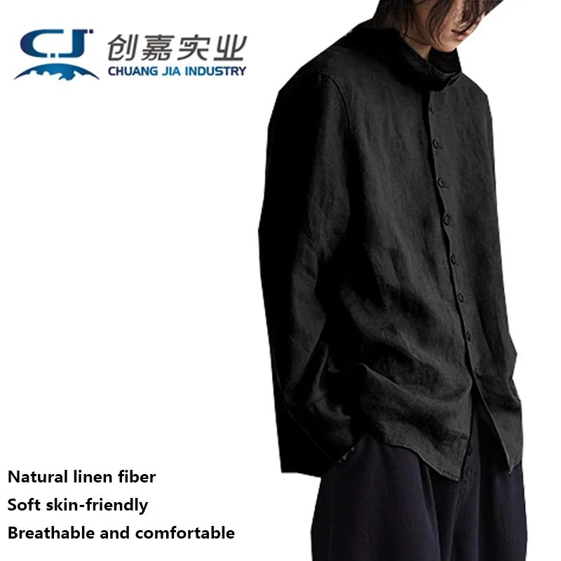 

Linen Spring and Autumn Men's Shirt Solid Color Cotton Hemp Comfortable Long-sleeved Shirt High Collar Shirt Multi Button Top