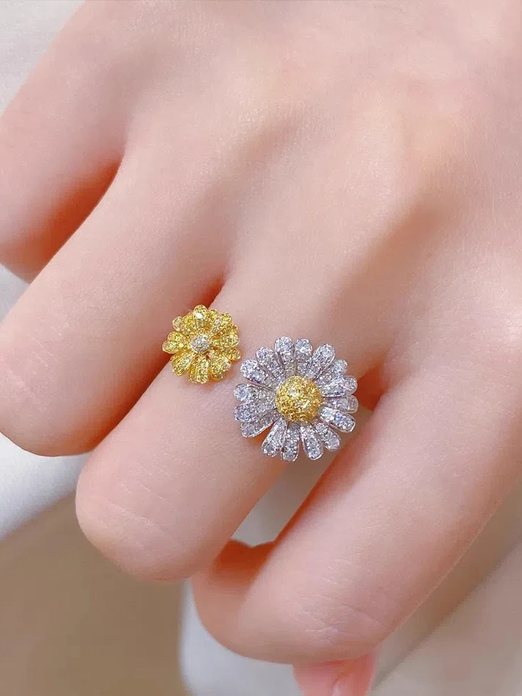 

S925 Sterling Silver Women's Ring Double Daisy Open Yellow Zirconia Ring Jewellery for Women Daily Wear Holiday Party Gifts