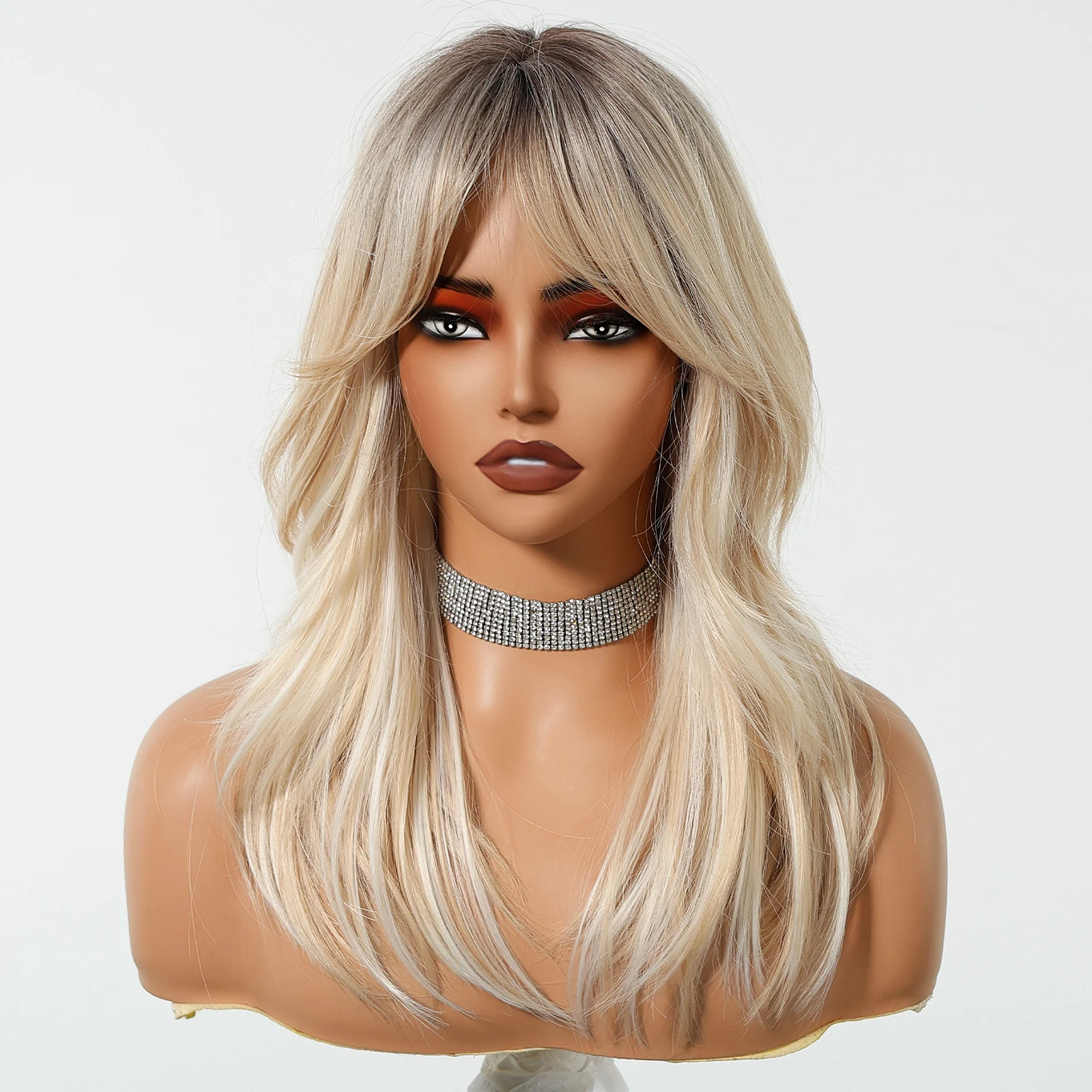 Long Straight Layered Synthetic Wig, Blonde Platinum Highlight
