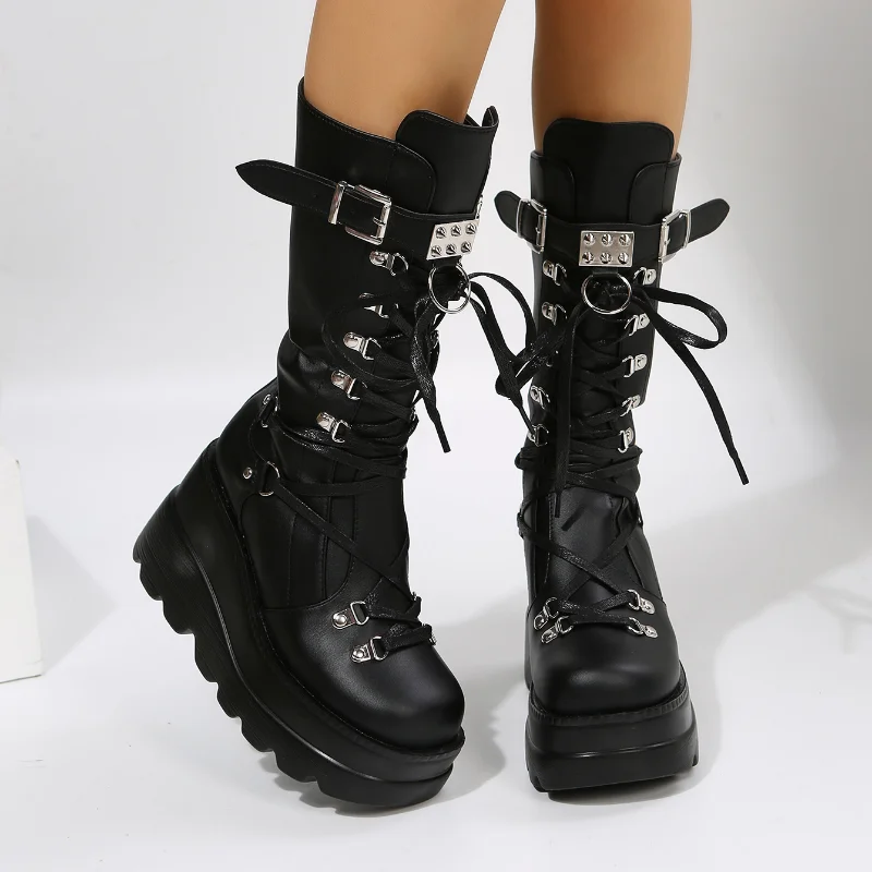 2022 Autumn Winter Punk Halloween Witch Cosplay Platform High Wedges Heel Black Gothic Calf Boots Women Knight Shoes Big Size 43