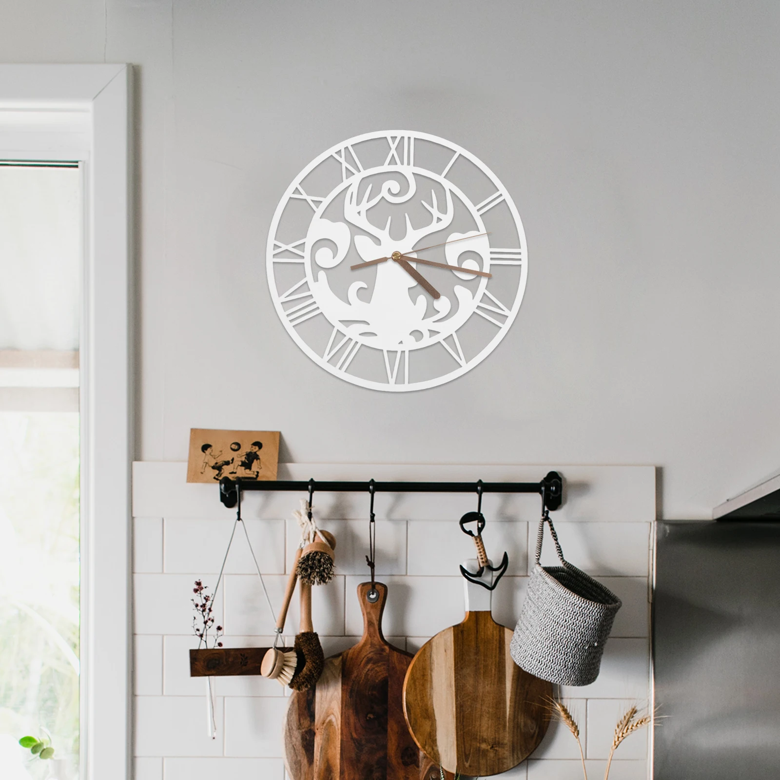 

25Cm Acrylic Mirror Clock Roman Numerals Reindeer Design Self-Adhesive White Wall Sticker For Living Room Bedroom Hotel Home