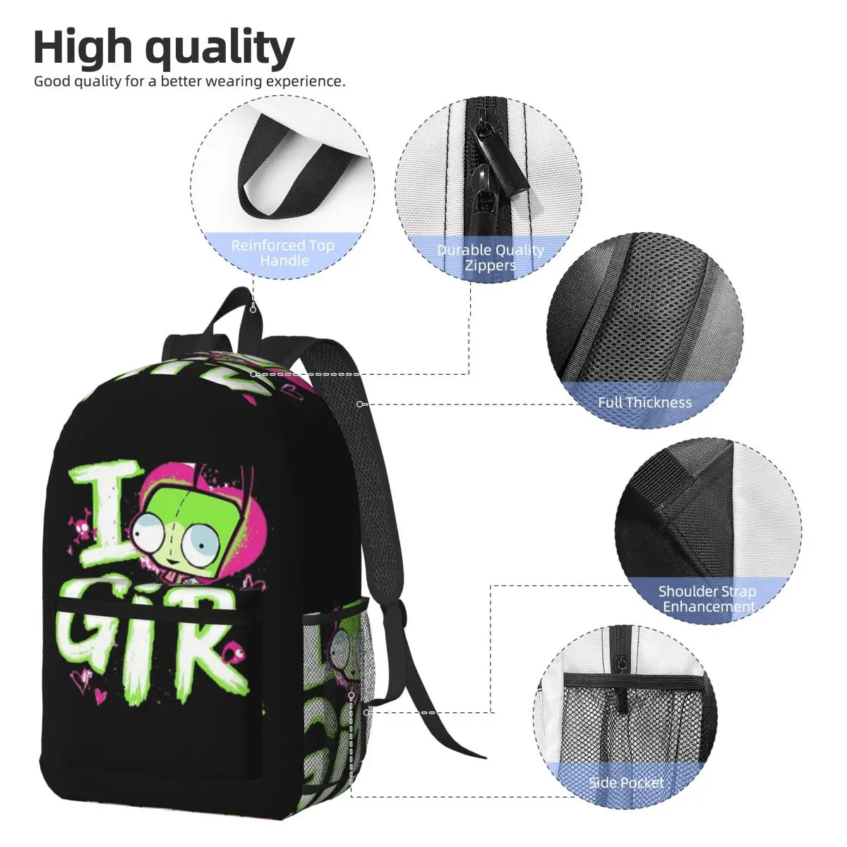 Invader Zim Valentine's Day I Love GIR Backpack Daypack Large Capacity Kids BookBag School Bag Shoulder Bags for Men Women