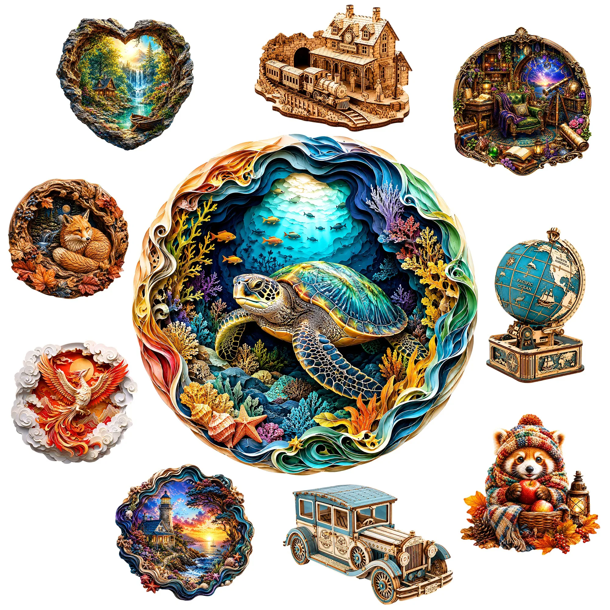Puzzle Map World - Sea turtle and underwater world Wooden