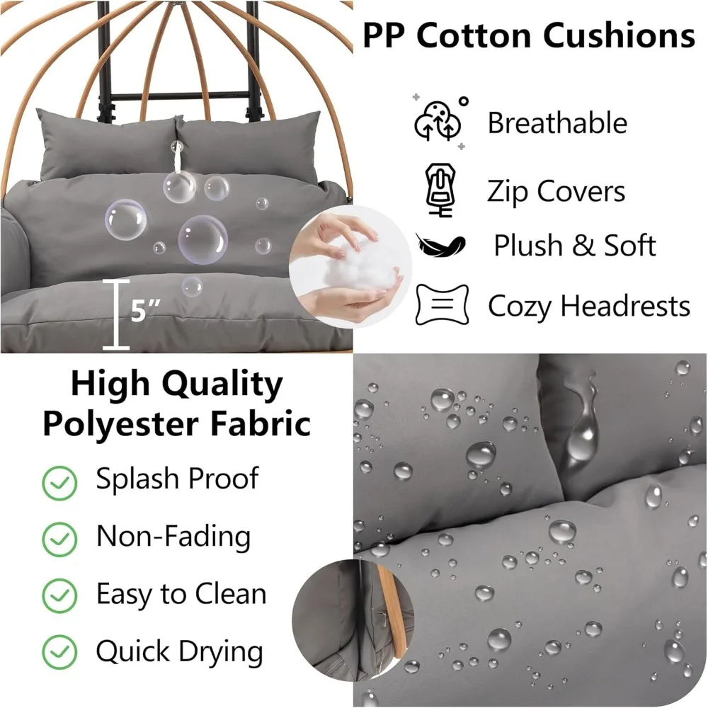 كرسي أرجوحة على شكل بيضة لشخصين في الهواء الطلق مع وسائد، كرسي سلة معلق من الروطان المقلد للاسترخاء #5