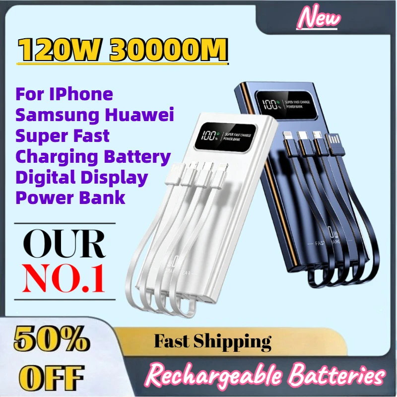 High Capacity New 120W 30000M Power Bank for IPhone Samsung Huawei Super Fast Charging Battery Digital Display Power Bank