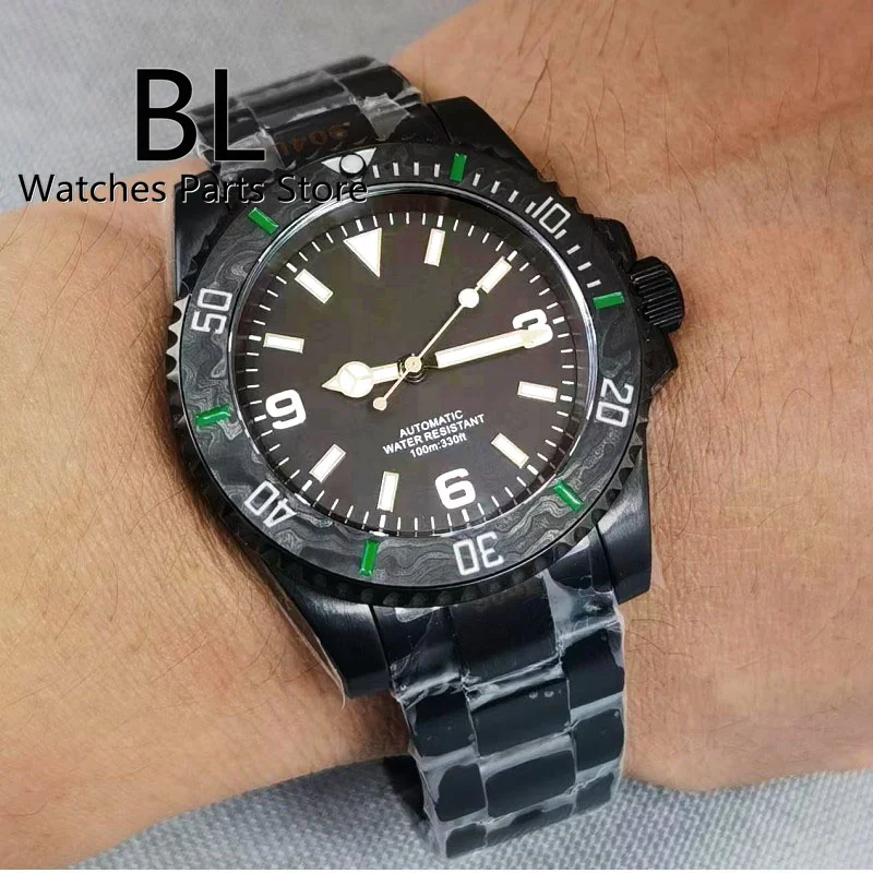 BLIGER 40mm Full Black PVD Case NH35 Mechanical Watch For Men Carbon Fiber Bezel Sapphire Glass Green Second Hand With Luminous