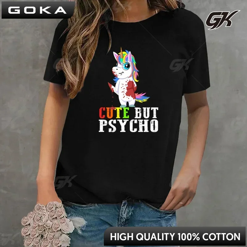 

Unicorn Pattern Cute But Psycho Printed Graphic T-Shirt Summer Women T Shirt Casual Streetwear Short Sleeve Round Neck Clothes