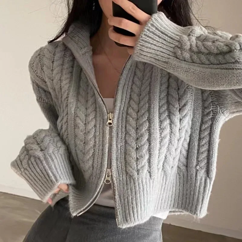 Twists Sweater Coat Female Korean Fried Dough Autumn Winter Retro Temperament Student Double Zipper Solid Knitting Cardigan Top
