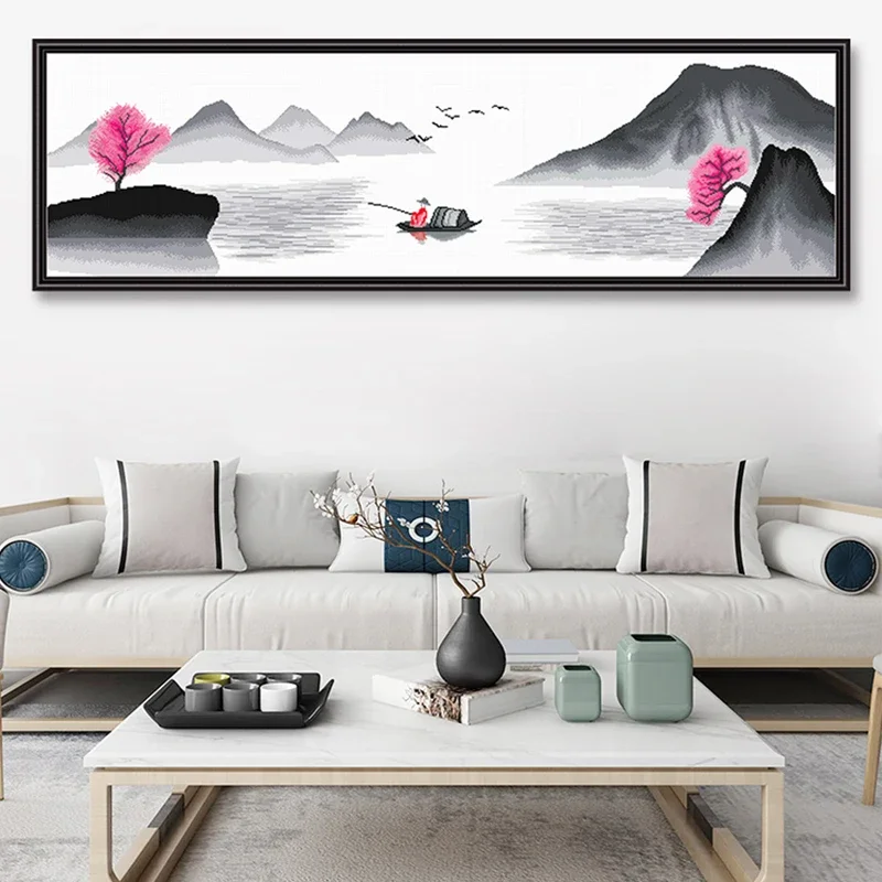 

Spring Cross Stitch Kit Printed On The Fabric Chinese Classical Calligraphy And Painting Of Mountains Rivers Lakes Needle Arts