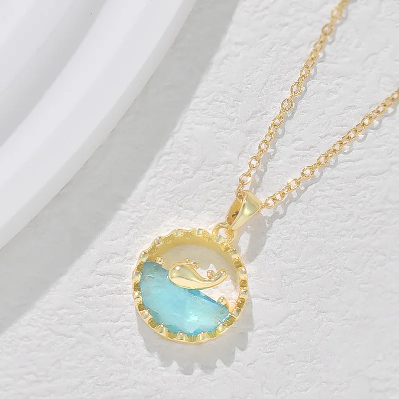 Ocean Elements Gold Color Blue Zircon Seawater Gold Color Whale Pendant Necklace Women's Vacation Luxury Jewelry Necklace Gifts