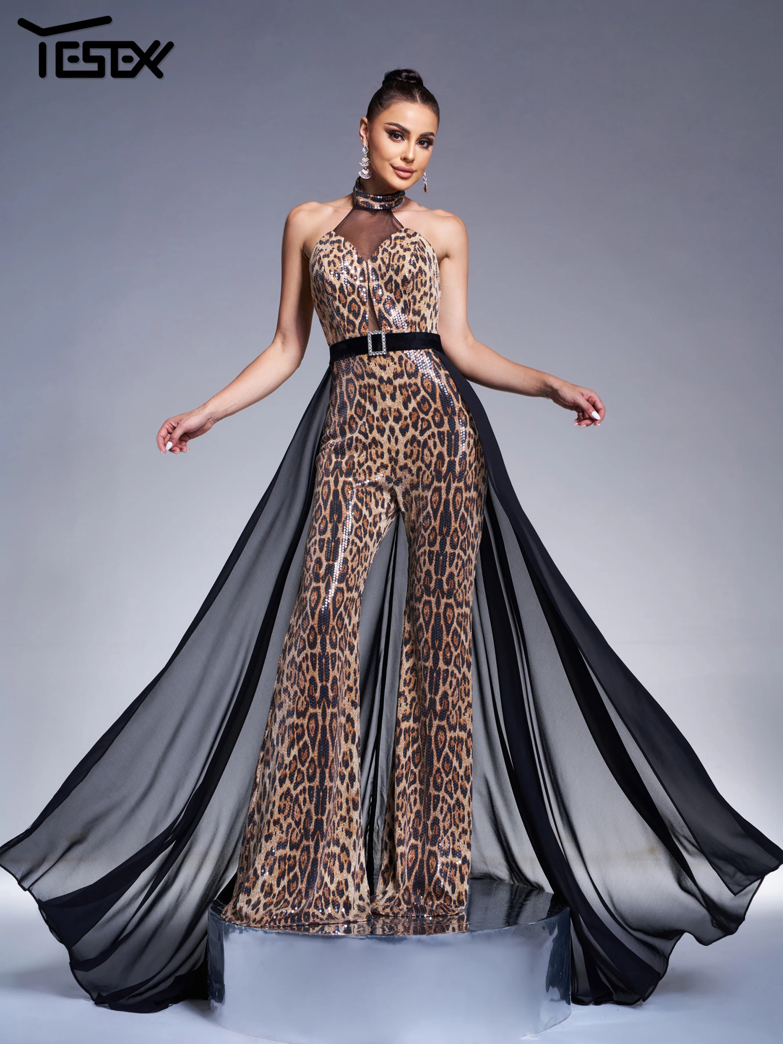 Yesexy New Black Sequin Halter Backless Chic Elegant Formal Occasion High Quality Luxury Leopard Print Mesh Long jumpsuit