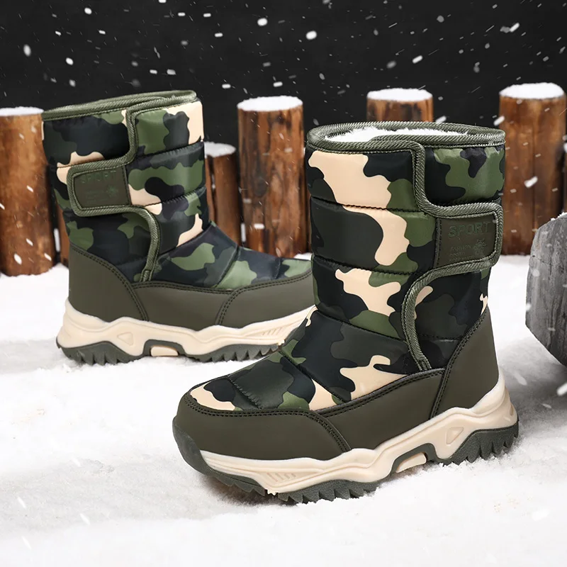Fashion Green Camouflage Print Children Snow Boots Waterproof Winter With Fur Outdoor Shoes Kids Hiking Boots Trekking Sneakers