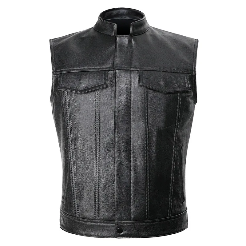 Men Faux Leather Sleeveless Vest, Stand Collar Biker Waistcoat with Multi Pockets, Black Motorcycle Riding Jacket Gilet