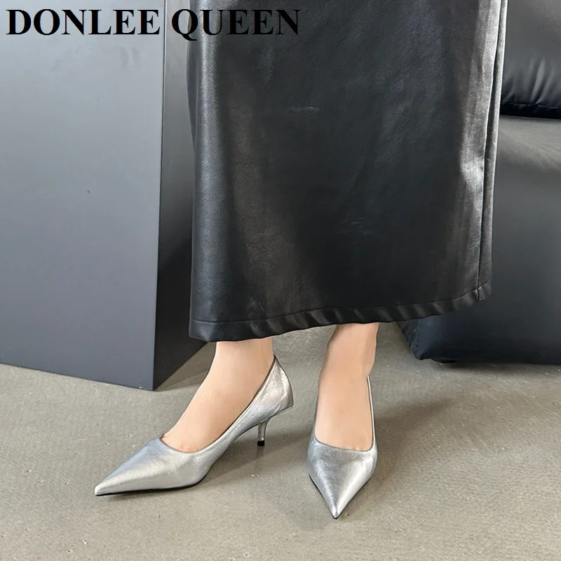 Women Pumps Pointed Toe Dress Shoes Thin Med Heels Elegant Office Party Pumps Fashion Gold Sliver White Shoes For Wedding Mujer