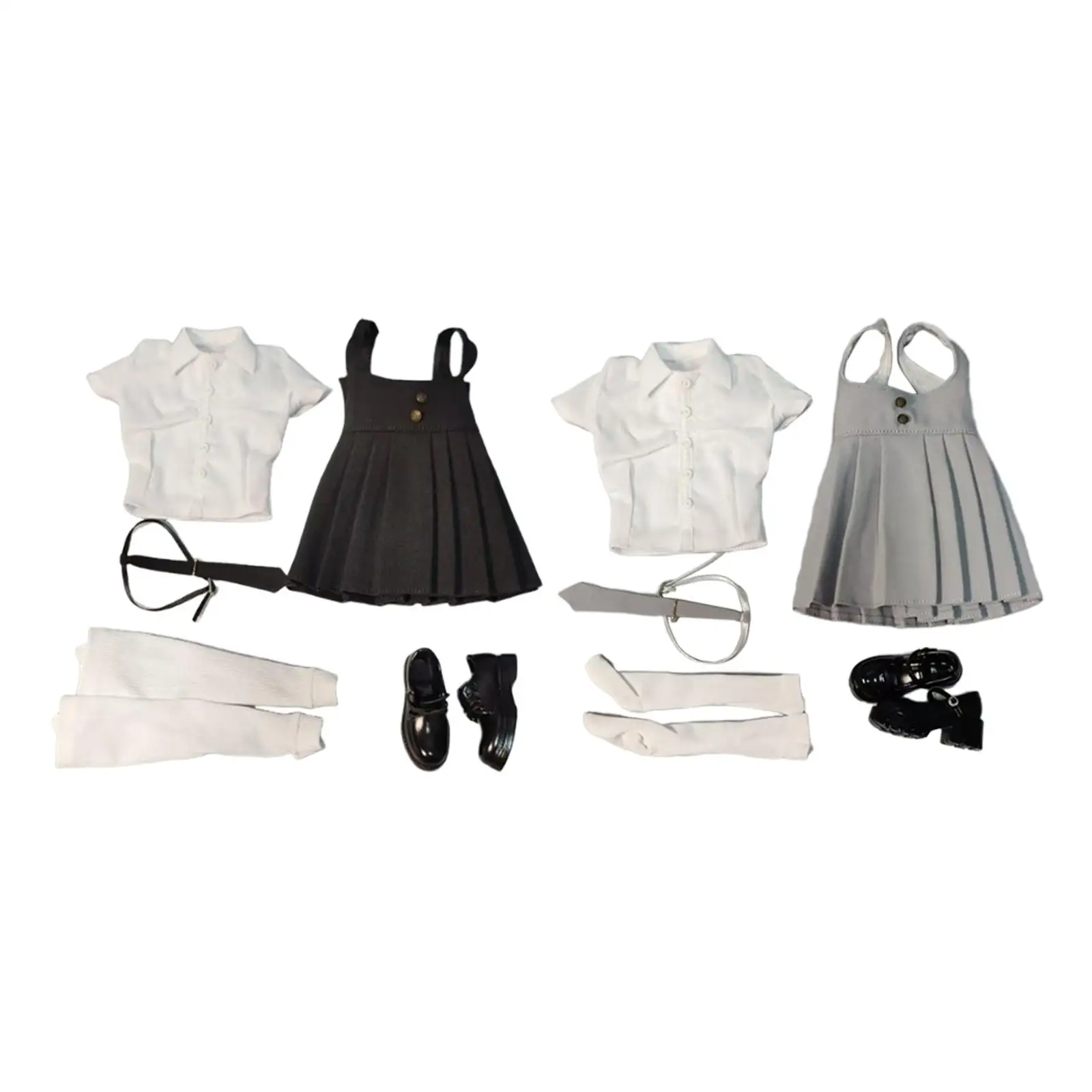 

1/6 Short Sleeve Top and Dress Casual Retro Tie and Shoes High Socks Doll Clothes for 12'' Woman Figures Accessories Costume