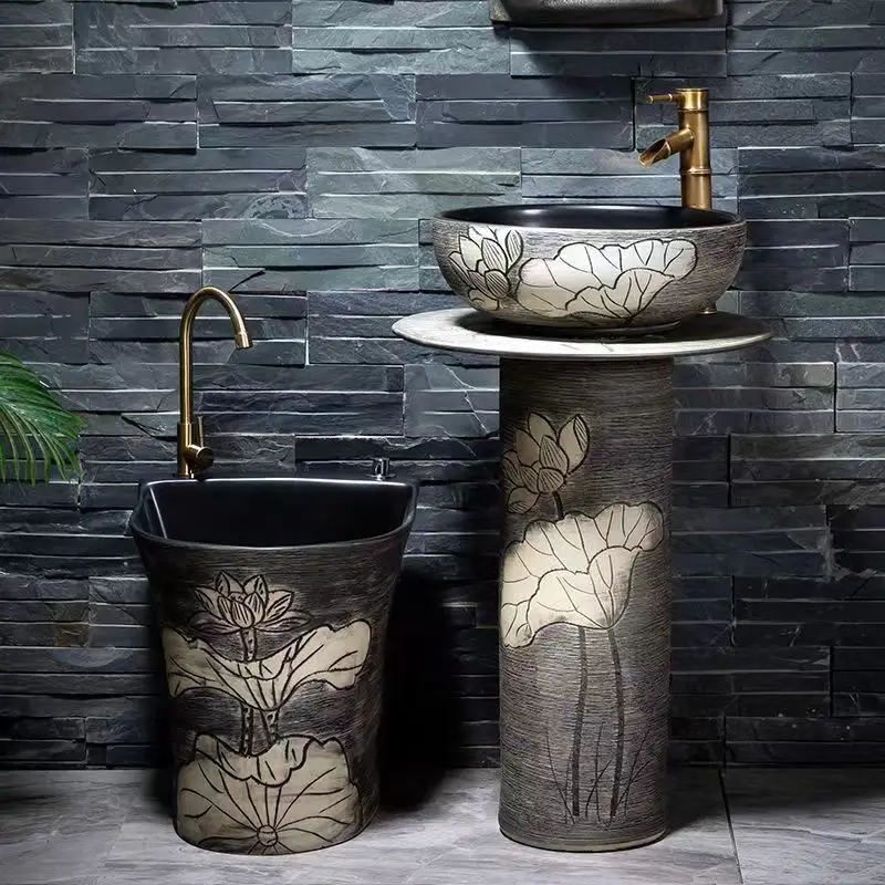 Outdoor retro courtyard blue and white porcelain pillar washbasin villa garden ceramic integrated