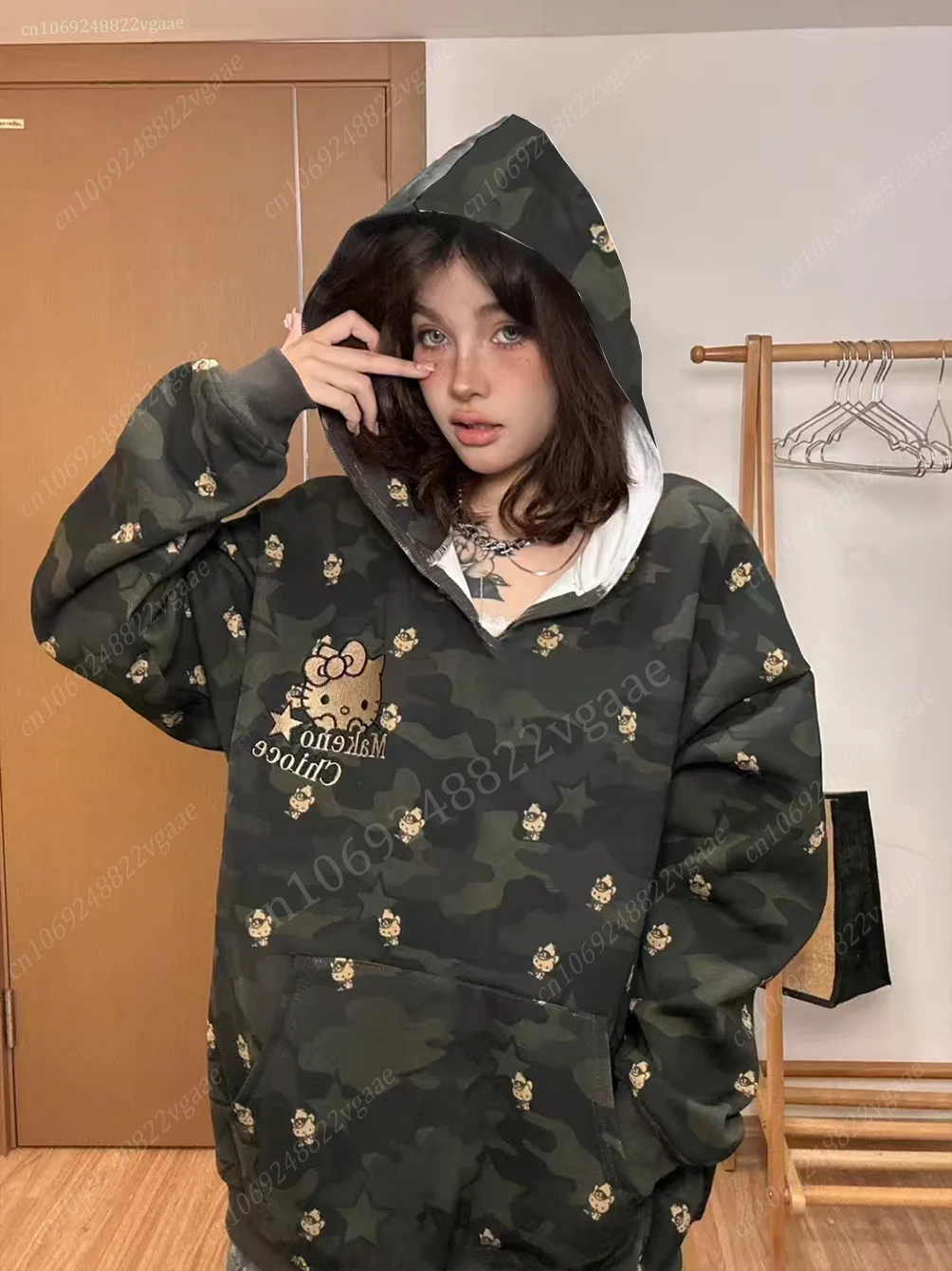 Hello Kitty Hoodie Women Hoodie Girls Pullover Sweatshirt Kids Cartoon Children\'s Long Sleeve Hooded Tops Camouflage Coat