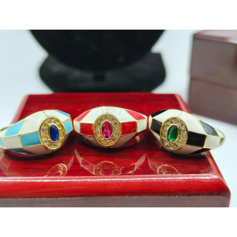 Charming Zircon Grid Stripe Oil Dripping Creative Retro Ring Open Adjustable Popular Jewelry Party Holiday Gift Daily Wear
