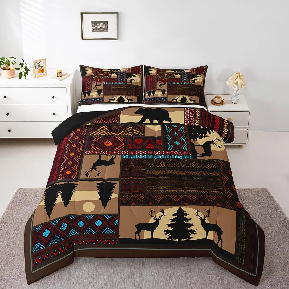 Deer Moose Bear Duvet Cover Set Queen Boho Aztec Western Rustic Farmhouse Woodland Bedding Sets,Teal Red Brown Stripes Decor