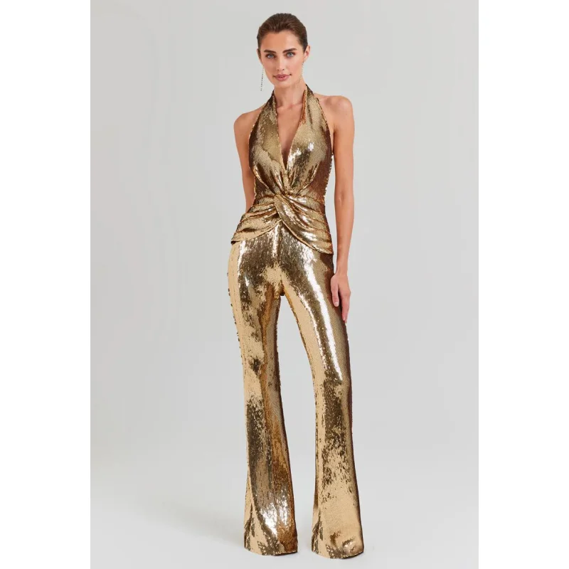 New Arrival Golden Sequins Stylish Flare Pants Halter Blackless Jumpsuit Woman Fashion Party Outfit Stage Performance Costume