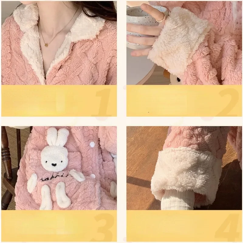 Famale-Pijama de terciopelo Coral para mujer, ropa de estar por casa de felpa gruesa, traje de mantener el calor, conjunto de ropa de dormir para