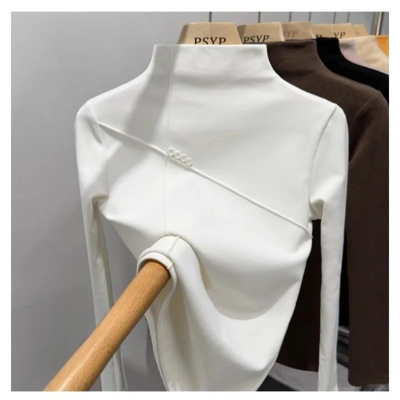 Women Thermal Half Turtleneck Top Button Decor Long Sleeve Slim Fleece Lined Basic Inner Tee Autumn Winter