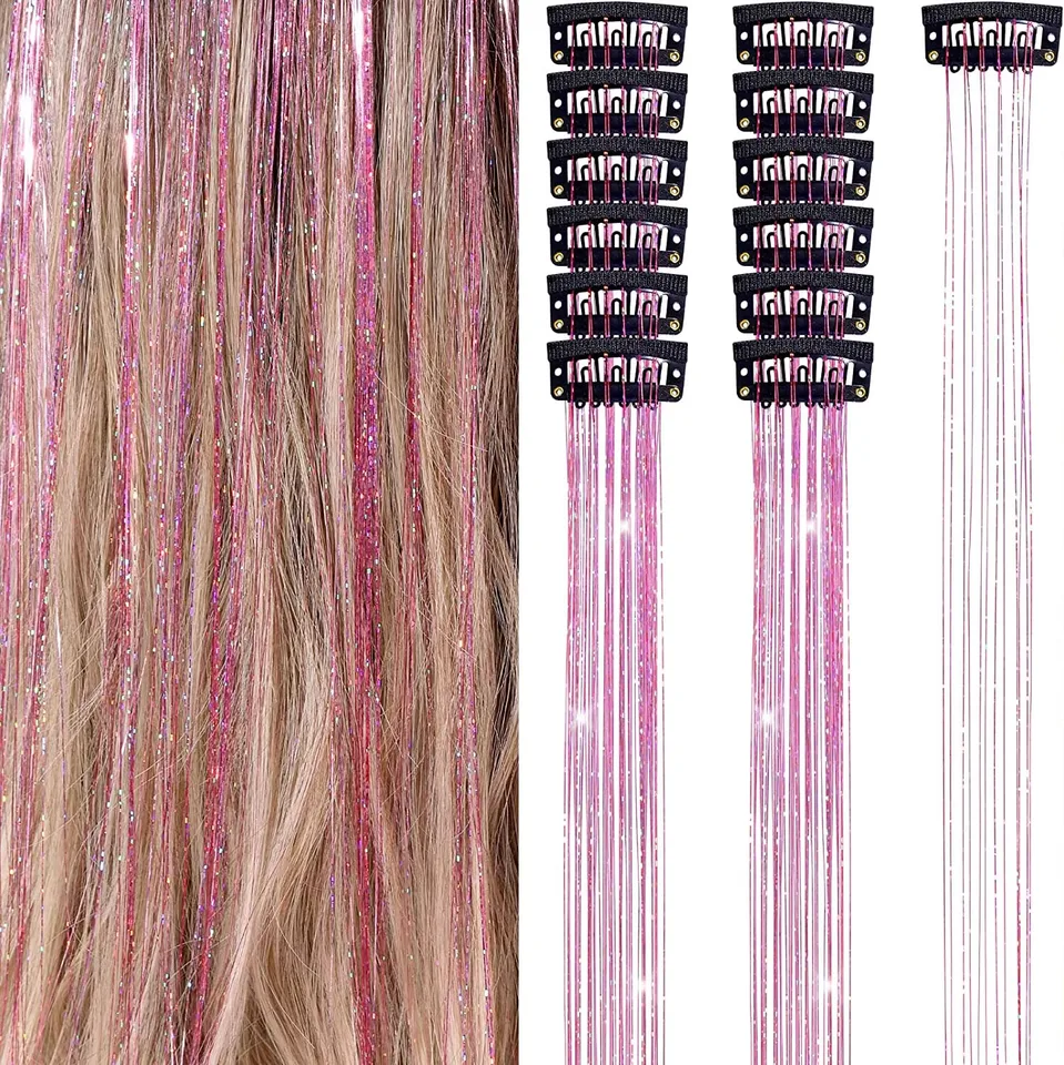 6 Piezas Tinsel para Cabello con Clip 20 Pulgadas Sintético Colorido Brillante con Purpurina para Mujeres Niñas Cosplay 3