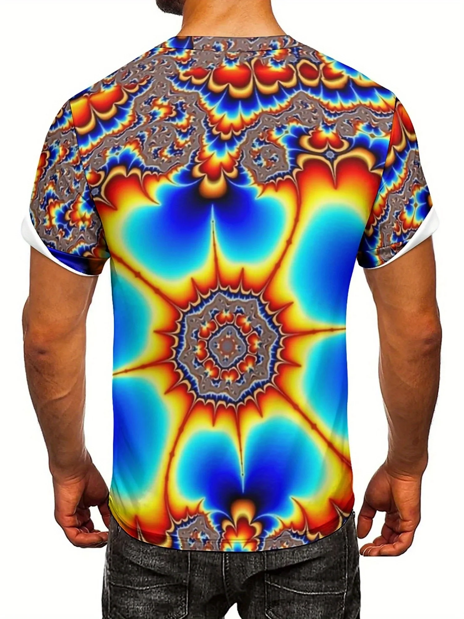 남성용 생기 넘치는 타이 염색 반소매 티셔츠 3D 기하학 프린트, 라운드 넥, 가볍고 통기성이 뛰어나 모든 계절에 적합