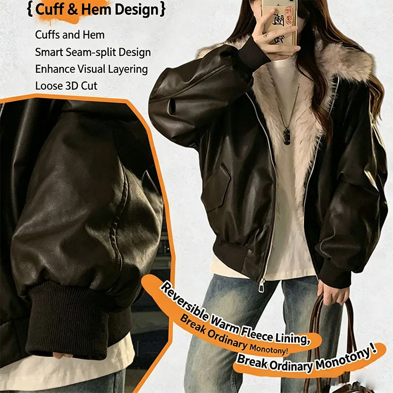Winter Thick Warm Fleece Hooded Jacket Women Korean Fashion Loose Zipper Leather Coats Chic Full Faux Fur Lined Bomber Outerwear