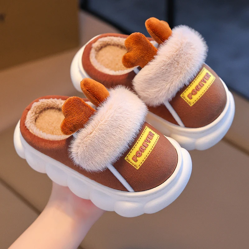 2024 New Winter Warm Cute Cartoon Indoor Mule Soft Non-slip Fluffy Slippers For Kids Teen Boys Girls Children Home Cotton Shoes