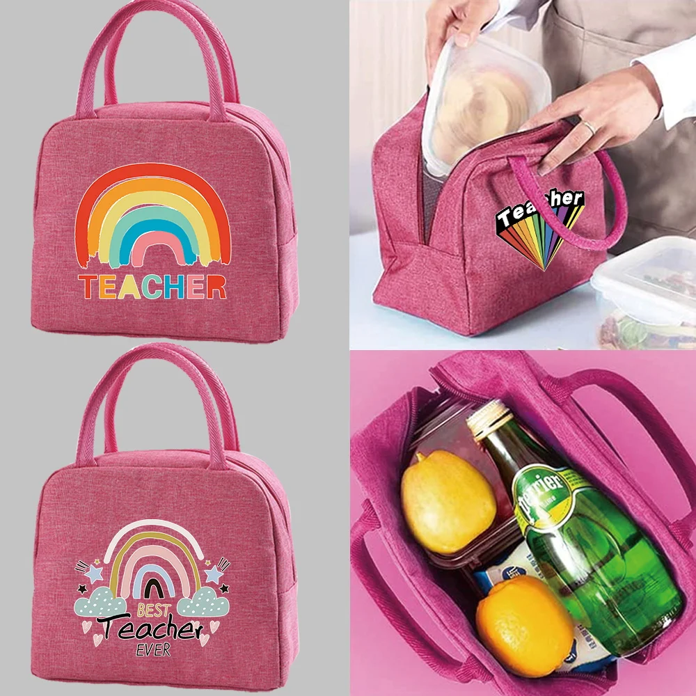 

Fashion Food Insulated Camping Trip Portable Lunch Bag New Teacher Pattern Printed Canvas Lunch Bag School Picnic Bag