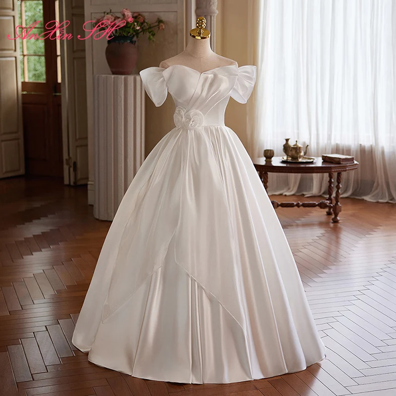 

AnXin SH princess white satin rose flower boat neck short puff sleeve ball gown lace up bride customized wedding dress