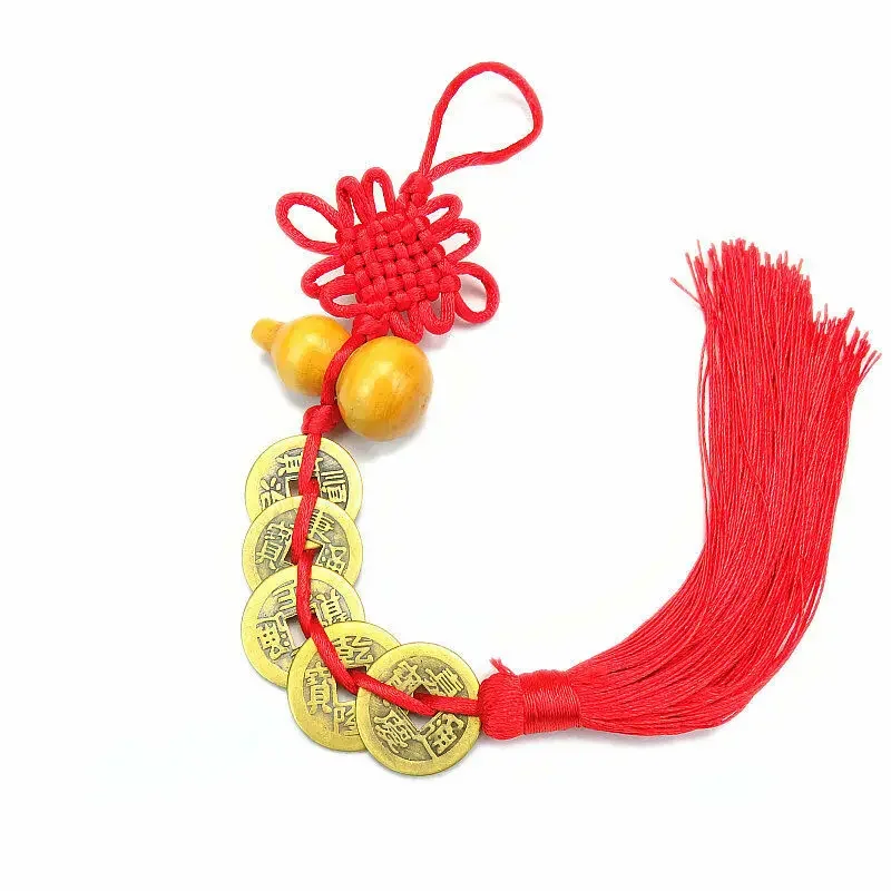 Chinese Knot Tassel China Mascot Lucky Charm Ancient Coins Gourd Pendant Prosperity Protection Good Fortune Metal Car Decoration