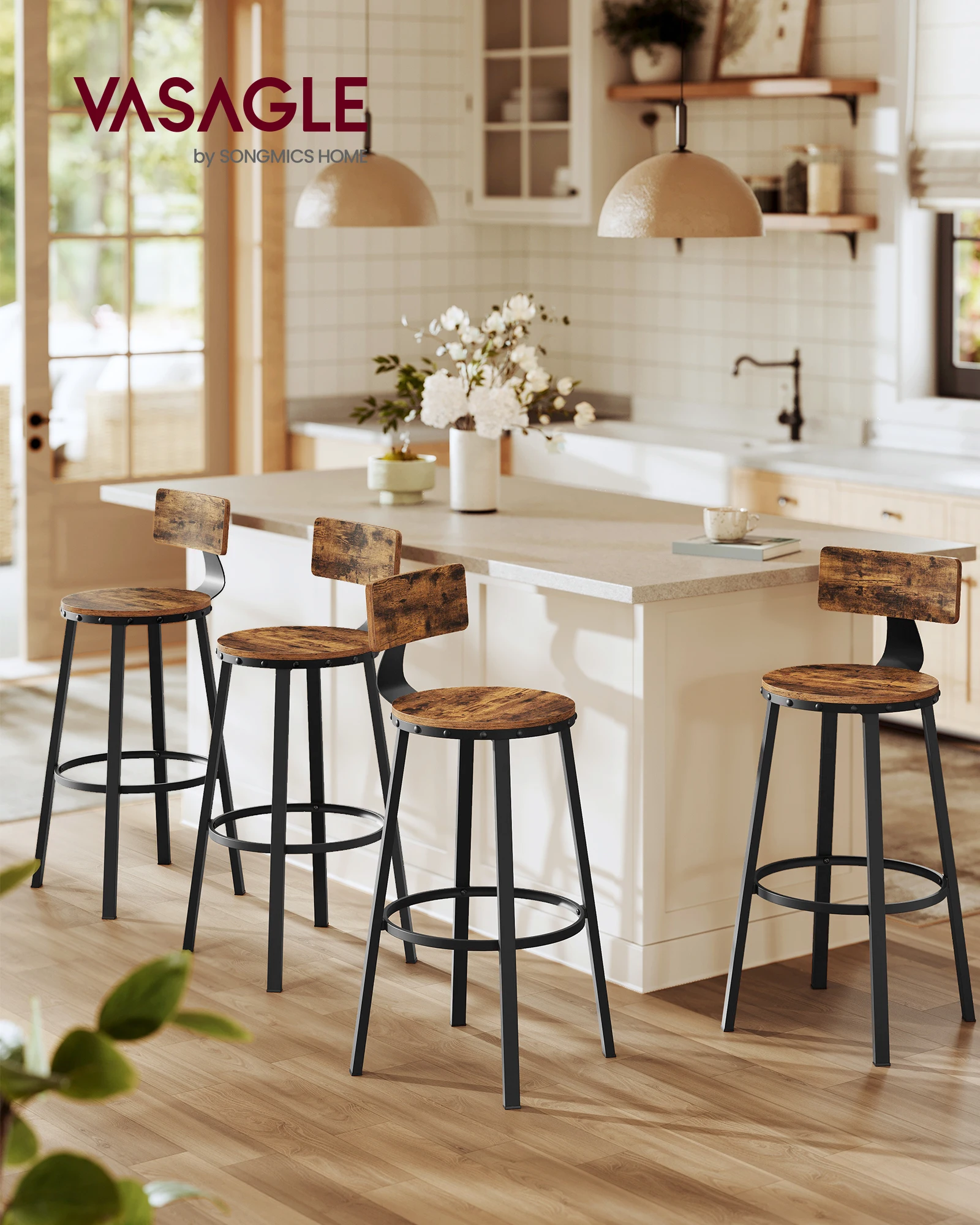 VASAGLE Barhocker, industriell, 4 Stück, Küchenstühle, mit Rückenlehne, Stahlrahmen, 73 cm hoher Sitz, einfache Montage