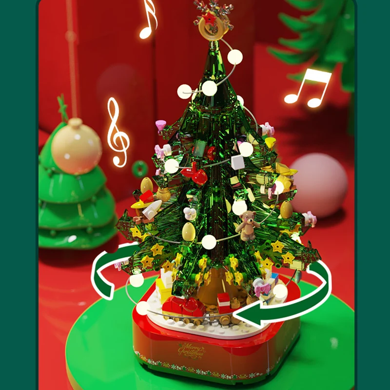 Christmas Music Tree Building Blocks MOC Rotating Music Box With Led Creative Decorations Bricks Toys Gifts Compatible With LEGO