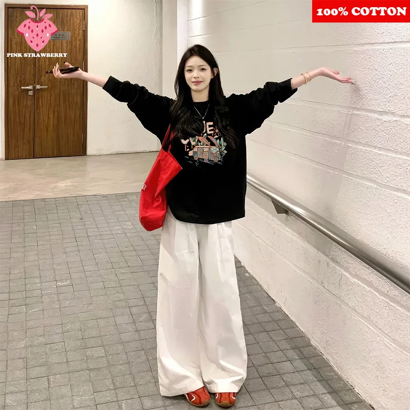 

Black Cartoon Print T-shirt Women Autumn Winter 2025 New 100% Cotton Korean style T-shirt Casual Loose Y2k Top Female clothing